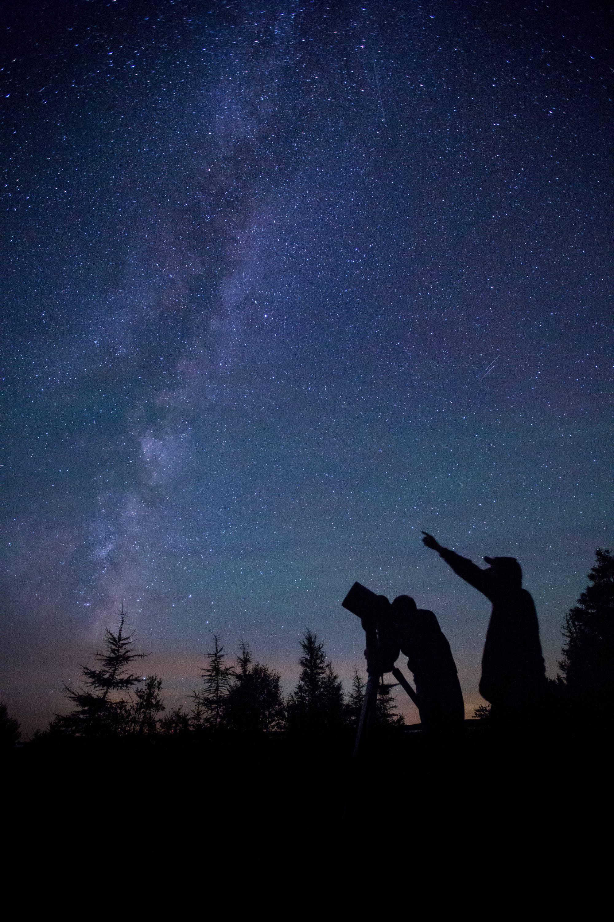 教师和学生通过望远镜观察夜空.